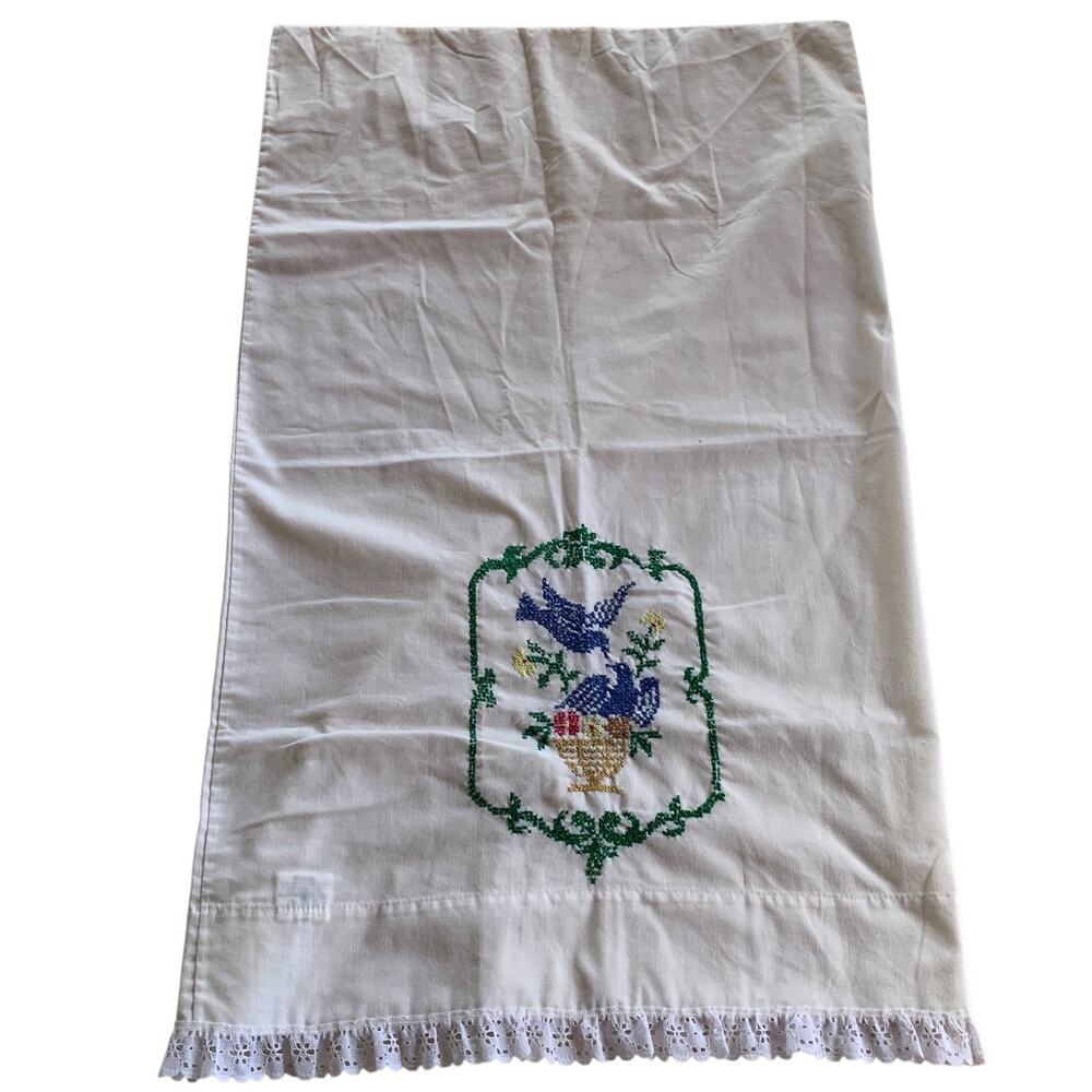 Vintage Standard Pillowcase White Cross Stitch Birds Floral Lace Trim USA Made